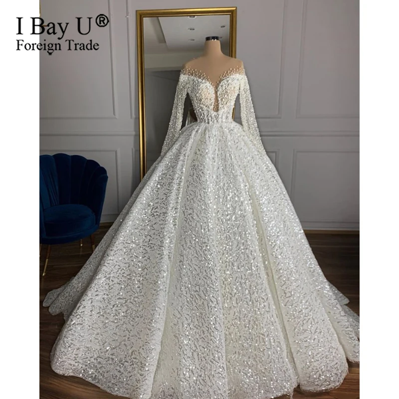 Stunning Pearl Princess Luxury Long Sleeve Wedding Dress 2020 with Full Beading African Wedding Gowns vestidos de noiva Stunning Pearl Princess Luxury Long Sleeve Wedding Dress 2020 with Full Beading African Wedding Gowns vestidos de noiva