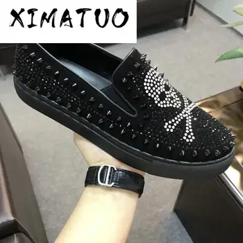 

Brand skull Men loafers Black Diamond Rhinestones Spikes men shoes Rivets Casual Flats sneakers wholesale Dropshipping