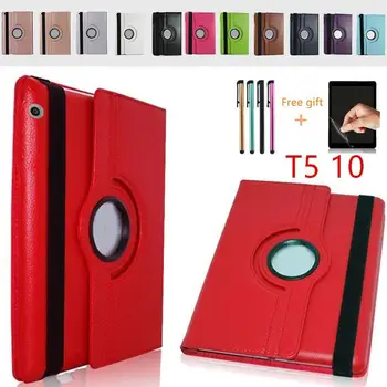 

MediaPad T5 360 Rotating Flip Stand Leather Flip Cover For Huawei MediaPad T5 10 AGS2-W09/L09/L03/10.1inch Tablet Case+Film+Pen