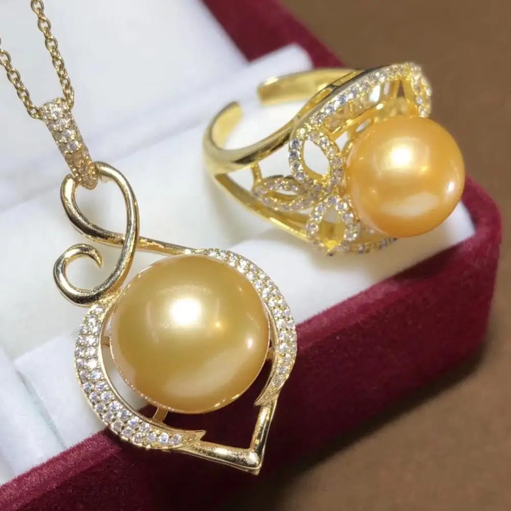 D404 Pearl Sets Fine Jewelry 925 Sterling Silver Natural 1014mm Fresh Water Round Golden Pearls