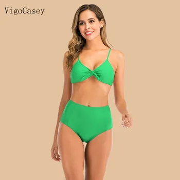 

VigoCasey Green Swimwear Women Sexy Two Way Bikini 2020 High waist Swimsuit Female Solid Push Up Bikini Set Bathing Suit Swim
