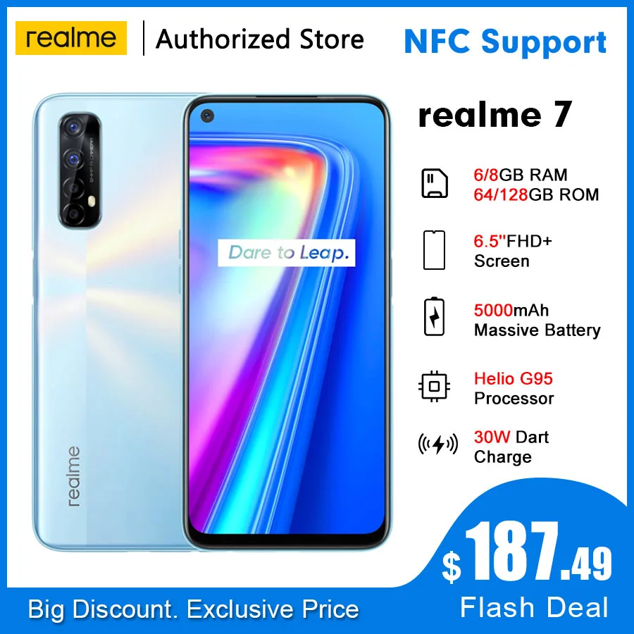  Realme 7 RMX2155 NFC 6,5 ''FHD + 6/64 Гб 48MP Quad камеры смартфон Helio G95 Octa Core 30 Вт DartCharge 5000 мА/ч, мобильный телефон 