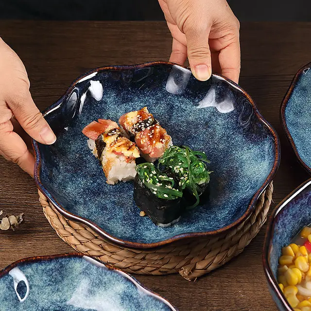 Japán Retro Kerámia Tálház Háztartási Asztali Edények High-End Kemencék Máz Rizs Tál Tányér Kék Csillag Készlet - Image 6