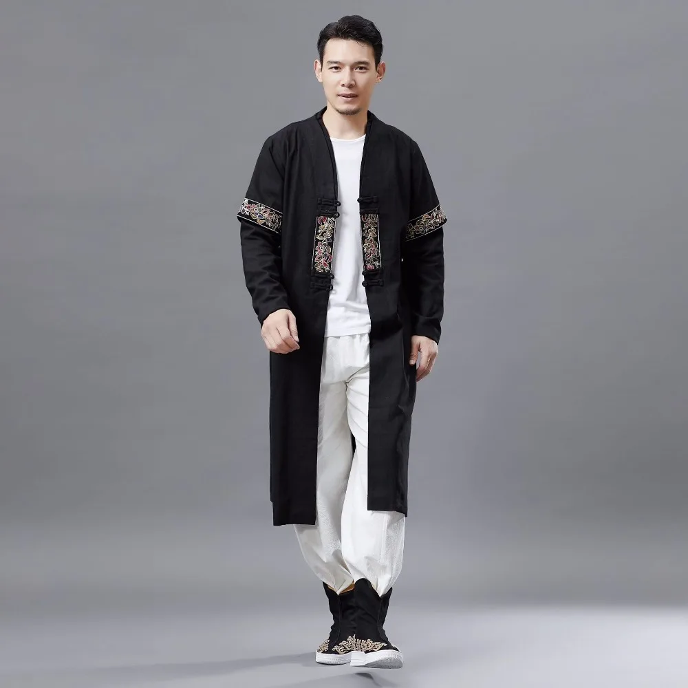 LZJN 2019 Men Autumn Trench Coat Cotton Linen Longline Long Sleeve Jacket Chinese Frog Buttons Outfit Overcoat with Pockets (16)