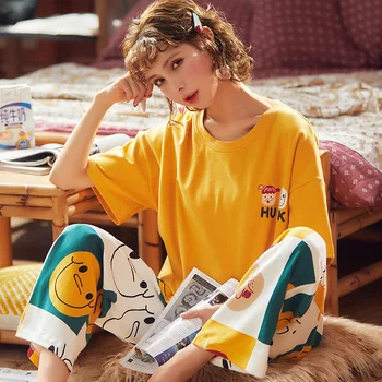 

Novelty Women Home Clothing Intimate Lingerie Pajamas Suit Cotton Print Cartoon Sleep Set Nightwear Summer New Sleepwear Pyjamas