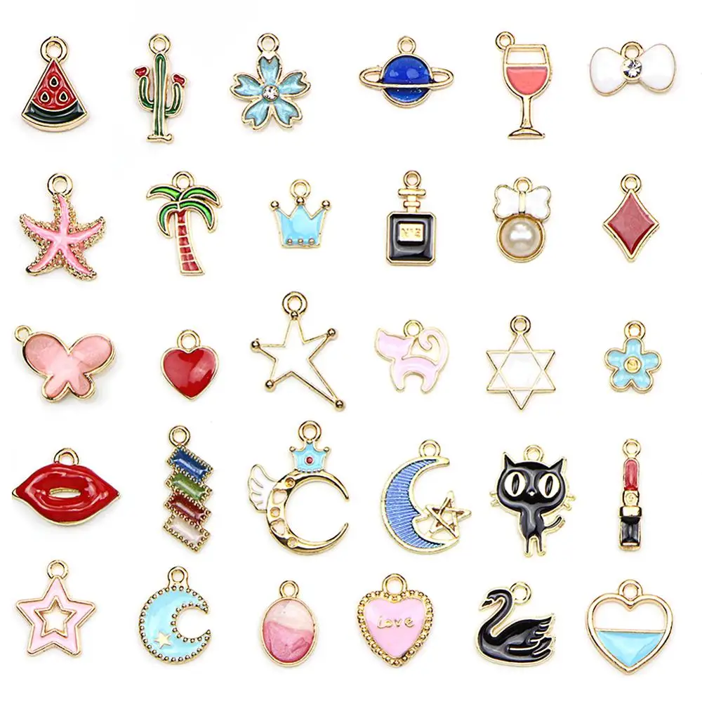 Assorted 30PCS Gold Colorful Enamel Animal Moon Star Fruit Charm Pendant DIY for Necklace Bracelet Jewelry Making and Crafting | Украшения