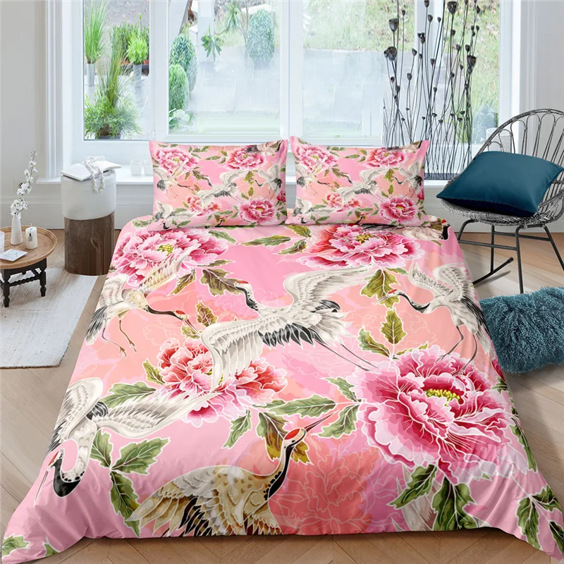 

Luxury 3D Crane and Flowers Printed 2/3Pcs Bedding Set Animal Pattern Duvet Cover Pillowcase Home Textile Queen and King Size