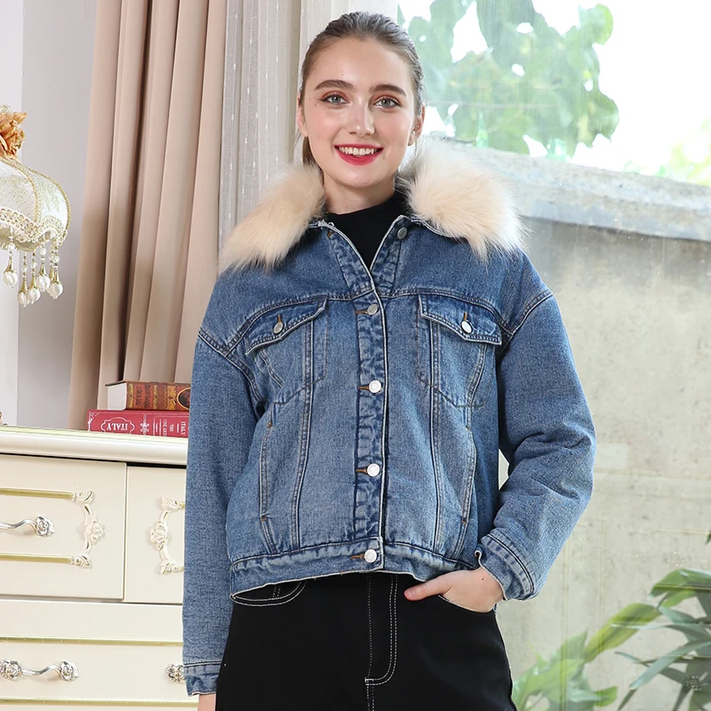 Женская теплая джинсовая куртка LEIJIJEANS, повседневная куртка с большим меховым воротником, новая модная модель большого размера с начесом на зиму