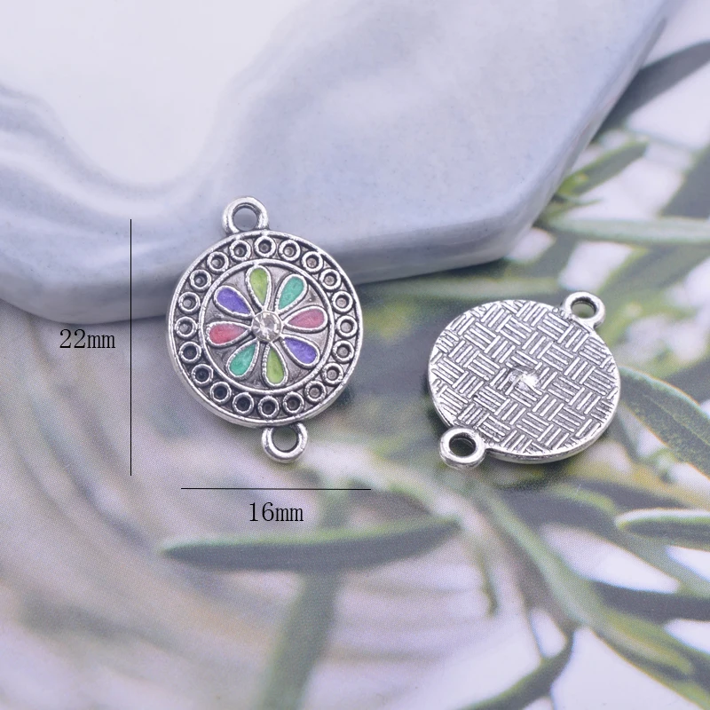 골동품 실버 라운드 커넥터, 에나멜 귀걸이 펜던트 기본 주얼리 결과, 12 개 16x22mm
