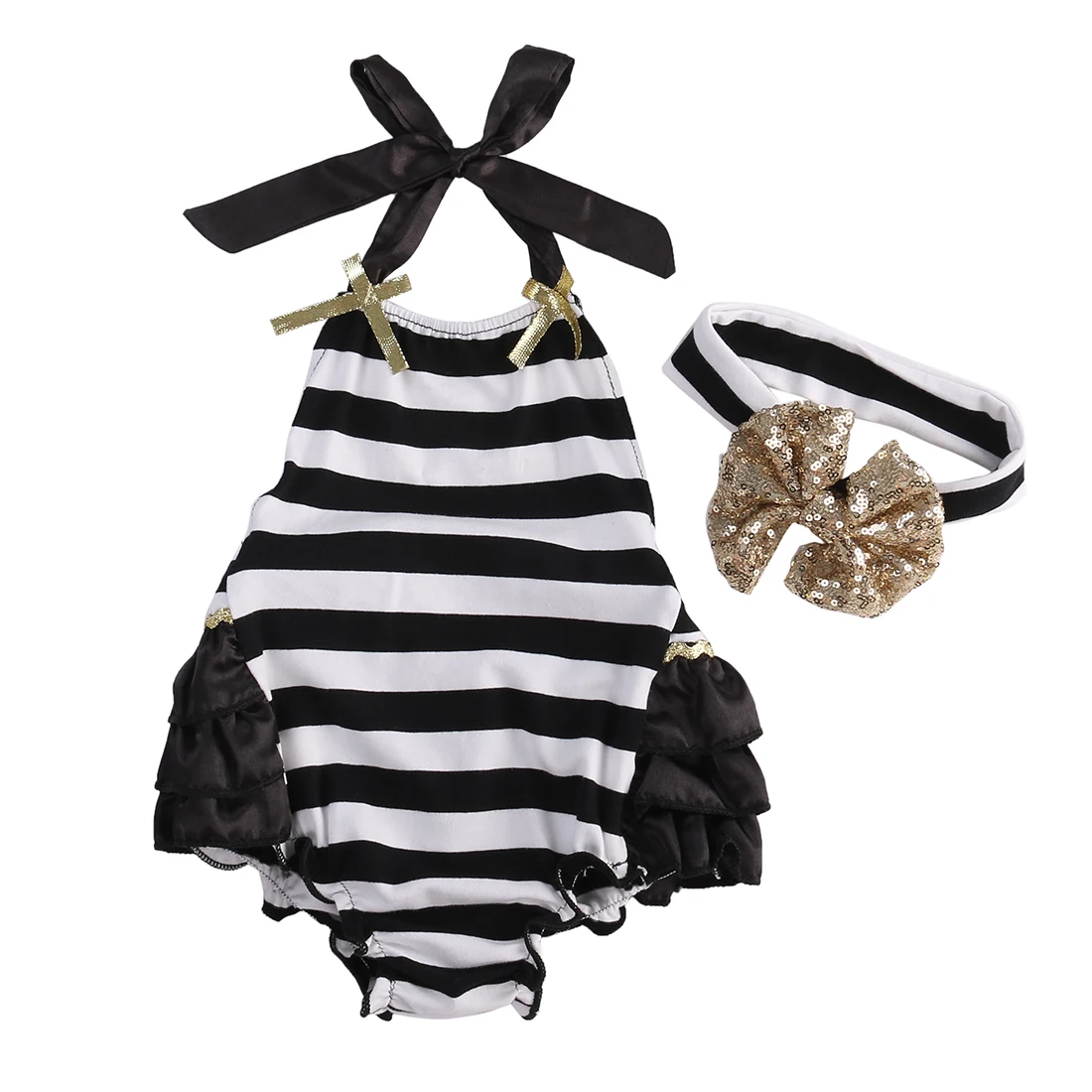 

2Pcs Newborn Kids Baby Girls Clothes Set Stripe Romper + Bowknot Headband Outfits Toddler Baby Sunsuit 0-24 M