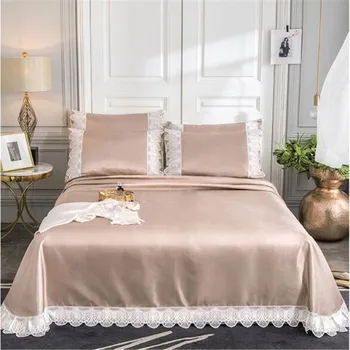 

semi-enclosed bed mat ice silk bedspread queen size summer cool lace edge bed cover machine washable folding ice mat solid color