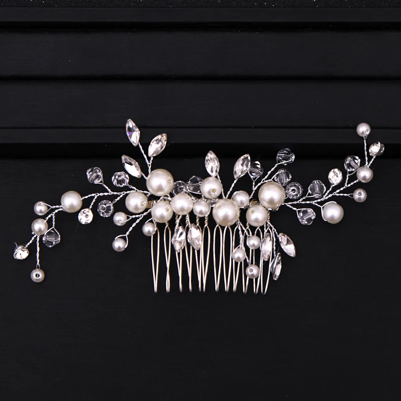 Silver Color Tiara Hair Combs for Women Bride Pearl Crystal Headpiece Wedding Hair Accessories Bridal Jewelry