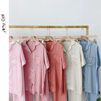 

2020 Autumn High-End Pijamas Women Light Luxury Silk Pijama Tencel Women's Sexy Nightwear Short Sleeve Trousers 2 Piece Pyjamas