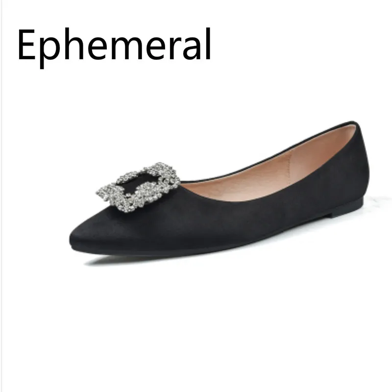 

Ladies Retro pointy Silk slip-ons with Buckle Crystal shoes for dance breathable loafers plus size 45 3 black grey flats summer