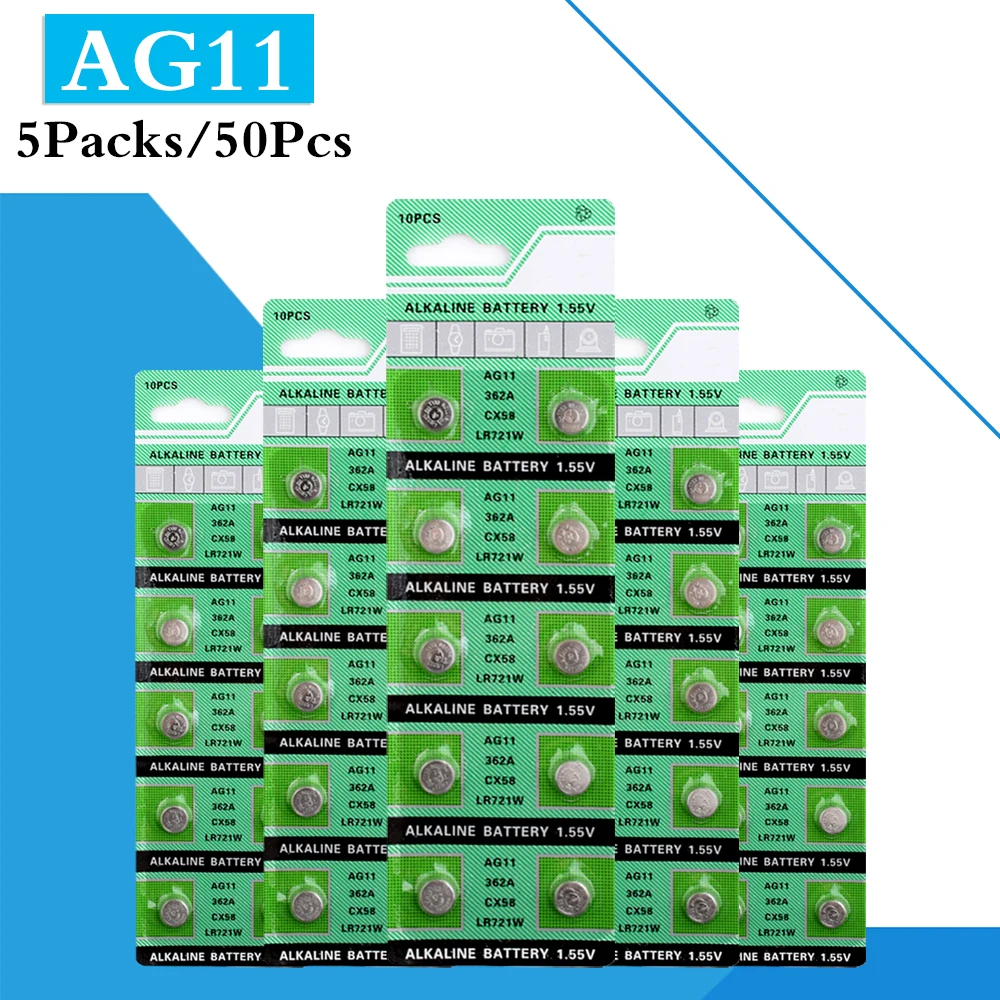 

50PCS/ 5 Pack AG11 LR721 362 Button Batteries SR721 162 Cell Coin Alkaline Battery 1.55V For Watch Toys Remote