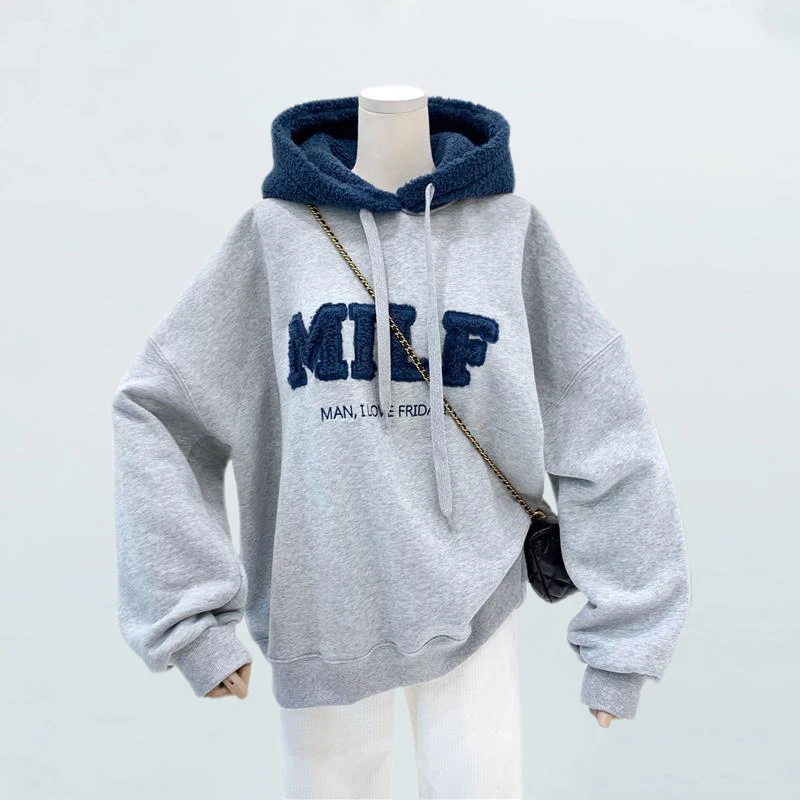 

Hoodies Women Sweatshirts Letter MILF Print Harajuku Fleece Pullovers Jacket Full Sleeve Casual Hip Hop Winter Jacket Coats Tops