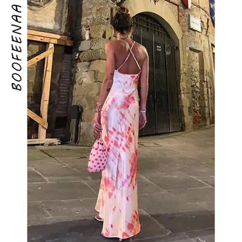 

BOOFEENAA Sexy Tie Dye Satin Silk Backless Halter Maxi Dress Holiday Beach Party Night Club Elegant Classic Dresses C70-AA77