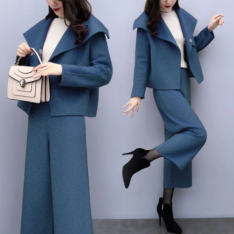 

Women's suit new spring two-piece pants wool short jacket with wide-leg pants nine pants casual fashion 2piece outfits for women