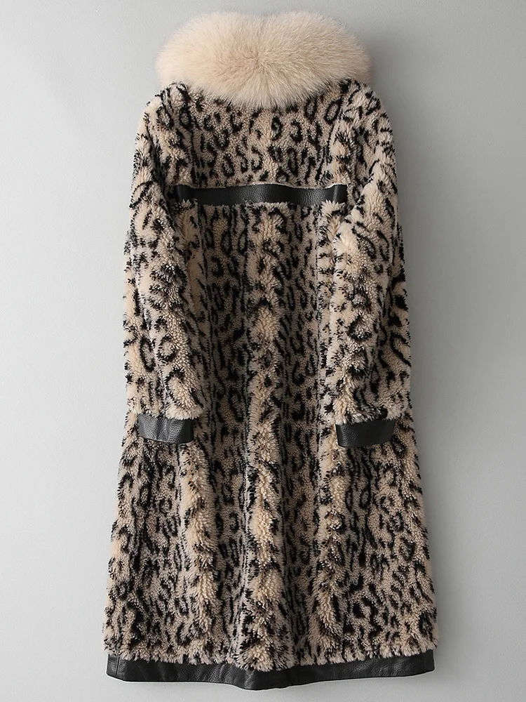 

Shearling Sheep Real Fur 100% Wool Coat Female Jacket 2020 Winter Jacket Women Fox Fur Collar Leopard Long Coats MY3542 s