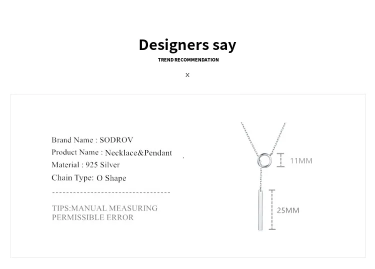 Sodrov 925 пробы серебряный бар кулон ожерелье Модные украшения подарок на День святого Валентина для женщин HN017