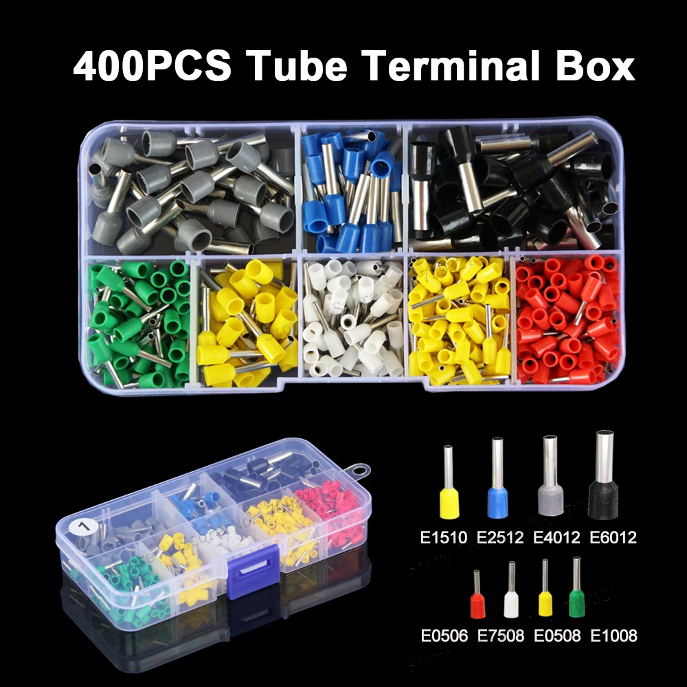 

400pcs/box AWG22-10 0.5-6mm2 Tube Terminal Kit Set Insulated Tubular Wire Crimp Connector E6012 E1008 E1510 E7508 E0508 E0506