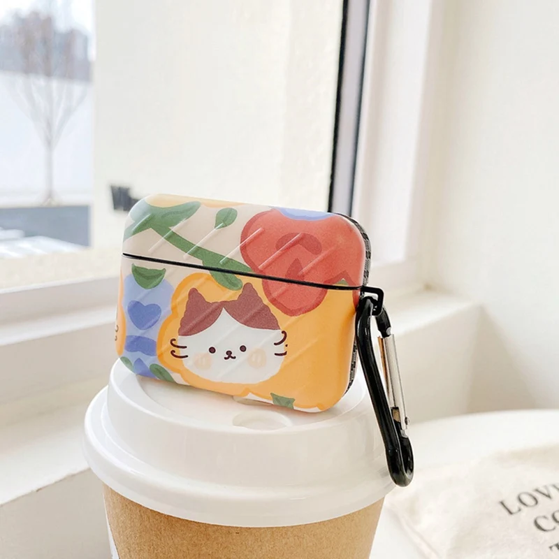 

Cute Cartoon Cat Flower Printed Soft TPU Protect Case Charging Box for Airpods 1/2 AirPods Pro Protector Cover with Carabiner
