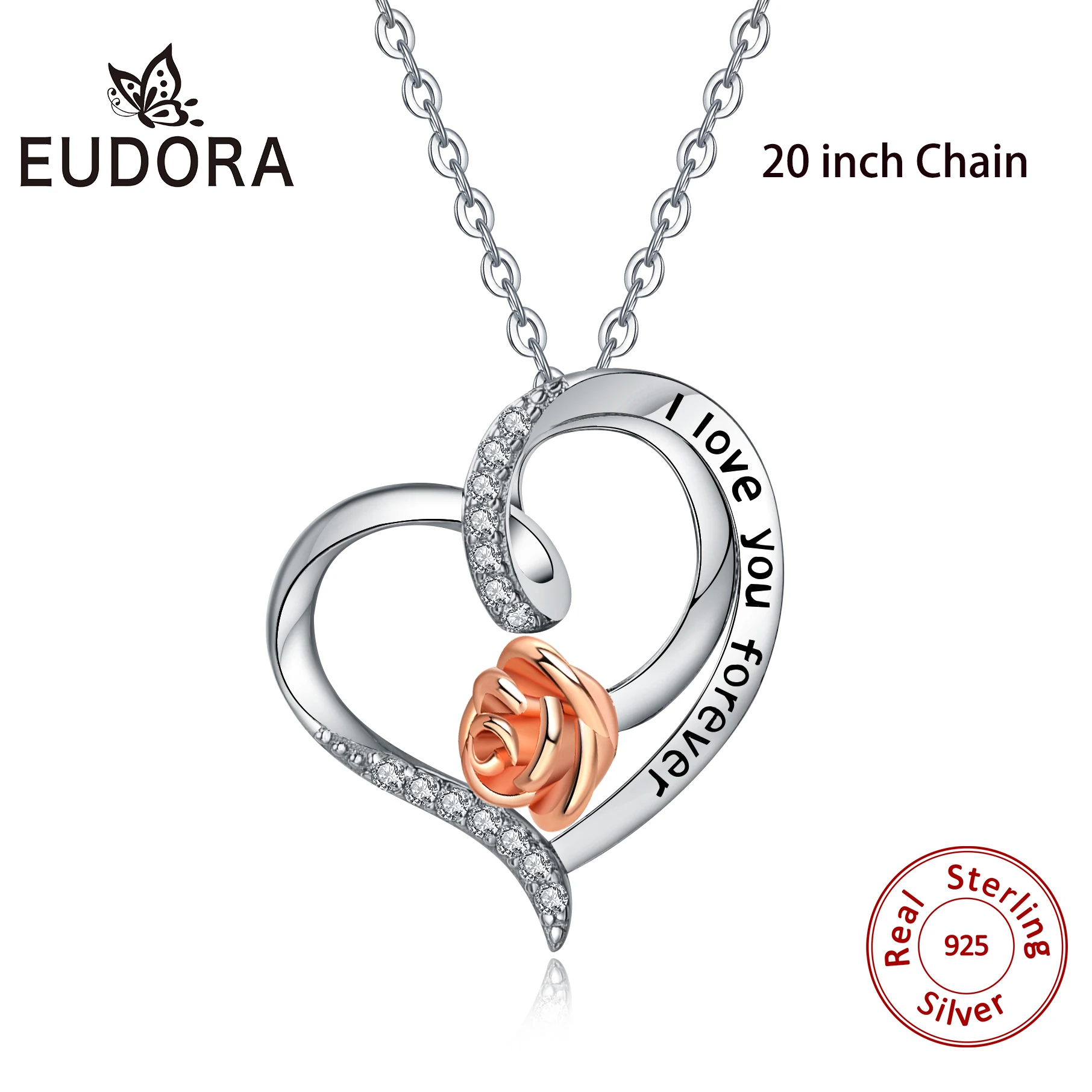 with 20 inch chain Eudora 925 пробы серебряная подвеска в виде цветка, уникальное Золотое Розовое Ожерелье I Love You Forever style, романтическое ювелирное изделие для женщин CYD500 - Окраска металла: with 20 inch chain