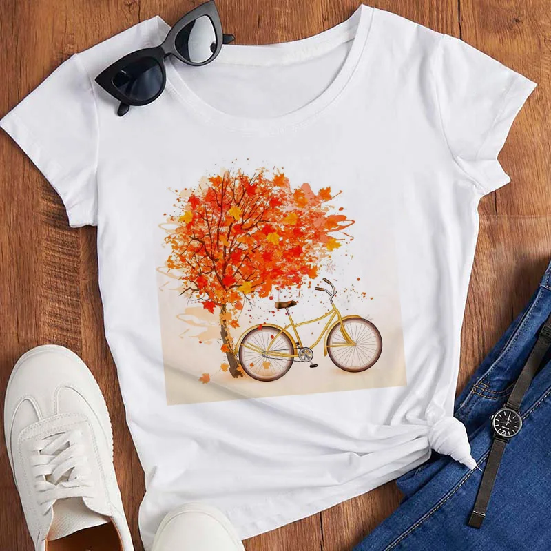 Pink T Shirt Women Beautiful Scenery Bicycle Vogue Casual Tshirt Harajuku Korean Style Graphic Tops Kawaii Short Sleeve T-shirt