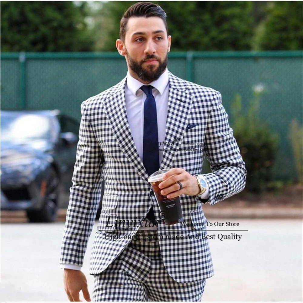 

Fashion Plaid Mens Suits Formal Business Blazer Slim Fit Wedding Groom Tuxedo 2 Piece Set Banquet Jacket Pants Costume Homme
