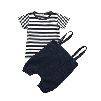 

2020 Newborn Baby Boy Clothes Summer Casual Outfit Linen Romper Suspender Pants Overalls and Stripe T-shirts Cotton 2pcs 0-24M