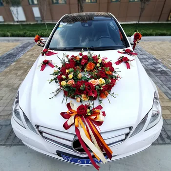 

Red Orange Marry Car Floral Headdress Decoration Suit Chinese Wedding Simulation mei gui jia Large Circle Married Wedding