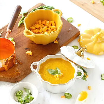 

Ceramic Pumpkin Shape Pot Cup with Lid Stew Pots Baking Rice Soup Bowls Cartoon Amphora Bowl Baking Bowl Dining Table Tableware