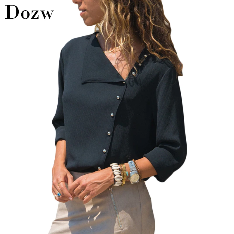 Женская блузка с косым воротником однотонная офисная длинным рукавом