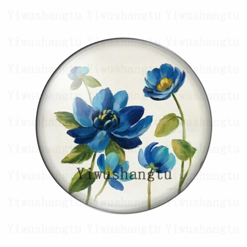 Fashion bule beautiful flowers 10pcs mixed 12mm/20mm/25mm/30mm Round photo glass cabochon demo flat back Making findings