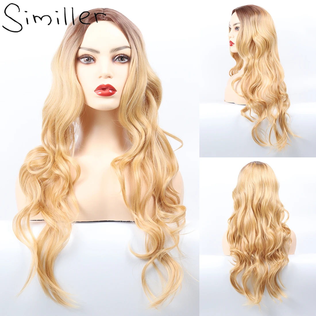 

Similler Curly Synthetic Hair Women Long Wigs Ombre Color Central Part Dark Root T Gold Cosplay Wig Heat Resistance