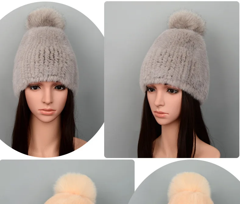 Женская шапка Gorro, Осень-зима, новинка, норковые вязаные шапочки высокой плотности, ручная работа, меховая шапка Baotou, Лисий помпон, украшение, теплая Женская шапка