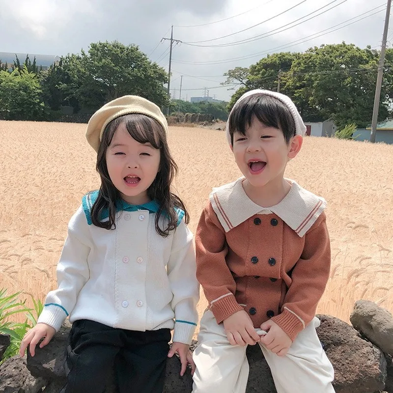 

New children's sweater Korean style children's navy wind-over-collar knitting sweater double-breasted male and female's sweater