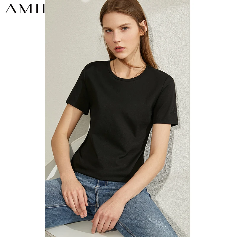 

AMII Minimalism Spring Summer Solid Basic Women Tshirt Causal Fashion Oneck Short Sleeve Loose Female TShirt Tops 12060035