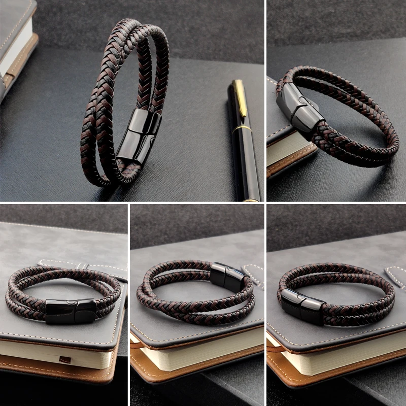 Titanium Steel Bracelet Double Layer Brown Black Leather Braided Rope Man Stainless Steel Magnetic For Women Gift bracelet jewelry