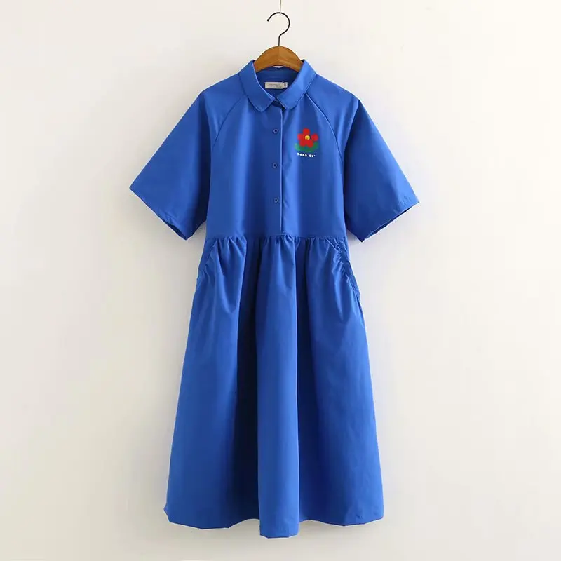 

Japanese-style Playful Simple-Style Cartoon Small Flower Printed Blue Dress Lace-up Slimming Fold-down Collar Short Sleeve Skirt