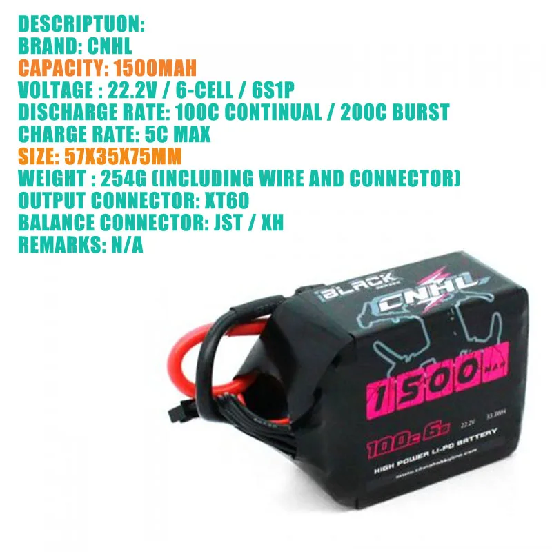 CNHL черная серия 1500Mah 6S 22 2 V 100C Lipo аккумулятор с разъемом XT60 для RC Drone вертолет