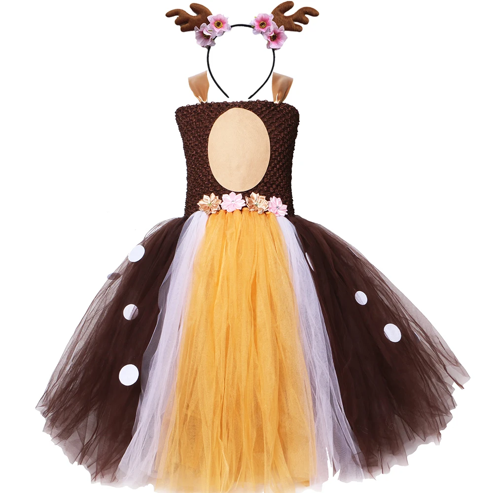 Платье-пачка с цветочным принтом и оленем, с повязкой на голову, коричневое Тюлевое праздничное платье для девочек на день рождения, Детский костюм для девочек на Хэллоуин, Рождество, олень