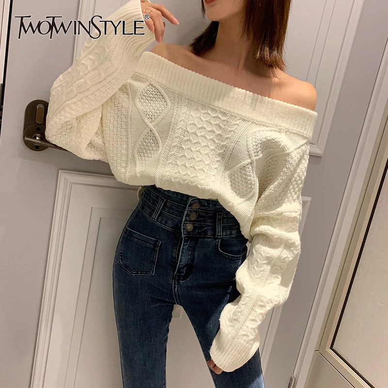 

TWOTWINSTYLE White Knitting Korean Women's Sweaters Slash Neck Batwing Sleeve Female Sweater 2019 Autumn Oversized Fashion New