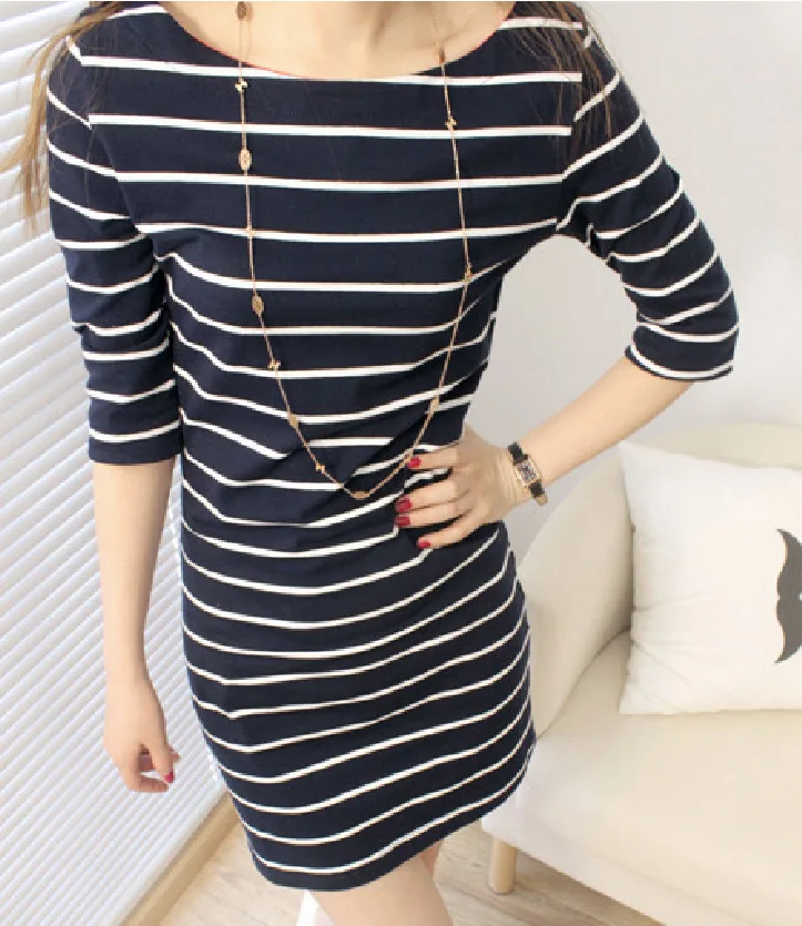 

Recruit Summer Mid-length Stripes in Half Sleeve Crew Neck Slim Dress Large Size Women's 8.8 Special Offer