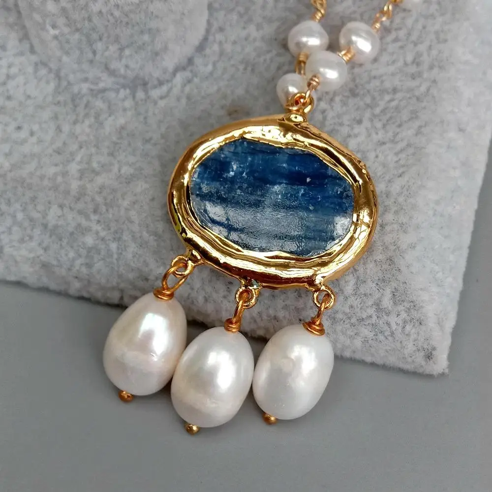 Pendant necklace Silver necklace Natural Cultured White freshwater Pearl Rosary Chain Necklace Blue Kyanite Rice Pearl Pendant 18"
