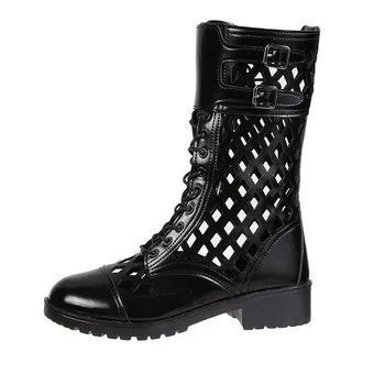 

Summer Hollowing Out Ankle Boots Women Leather Runway Shoes Woman Cross Lace Up Low Heel Boots Zapatos De Mujer