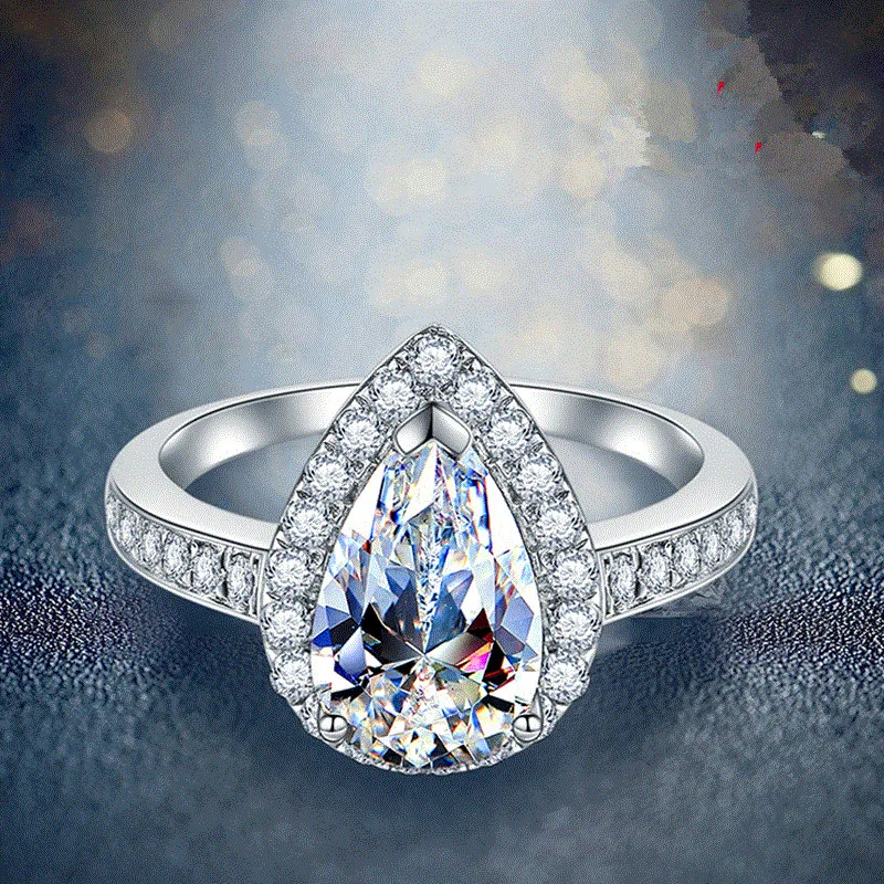 7*9 тест положительное серебро роскошное грушевое кольцо 2CT Moissanite груша Halo падение бриллиантовое кольцо обручальное женское качественное ювелирное изделие
