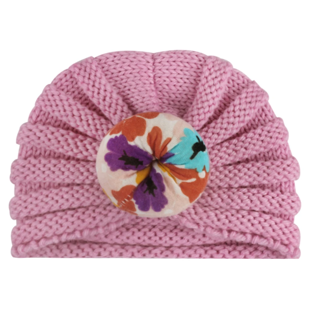 Зимняя детская шапочка с большим цветком, вязаная детская шапка для девочек, для новорожденных, Детская чалма, эластичные зимние шапки для детей - Цвет: Pink donut
