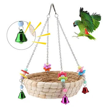 

Parrot Perch With Bell Bird Toy Straw Hanging Basket Bird Cage Hanging Toy Straw Rattan Bird Nest Gnawing Swing Stand