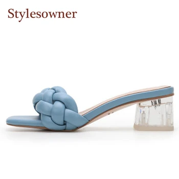 

Crystal Thick Heel Sandals Women Spring Summer New Woven Outer Sandals Square Toe High-heeled Fairy Style Temperament Slippers